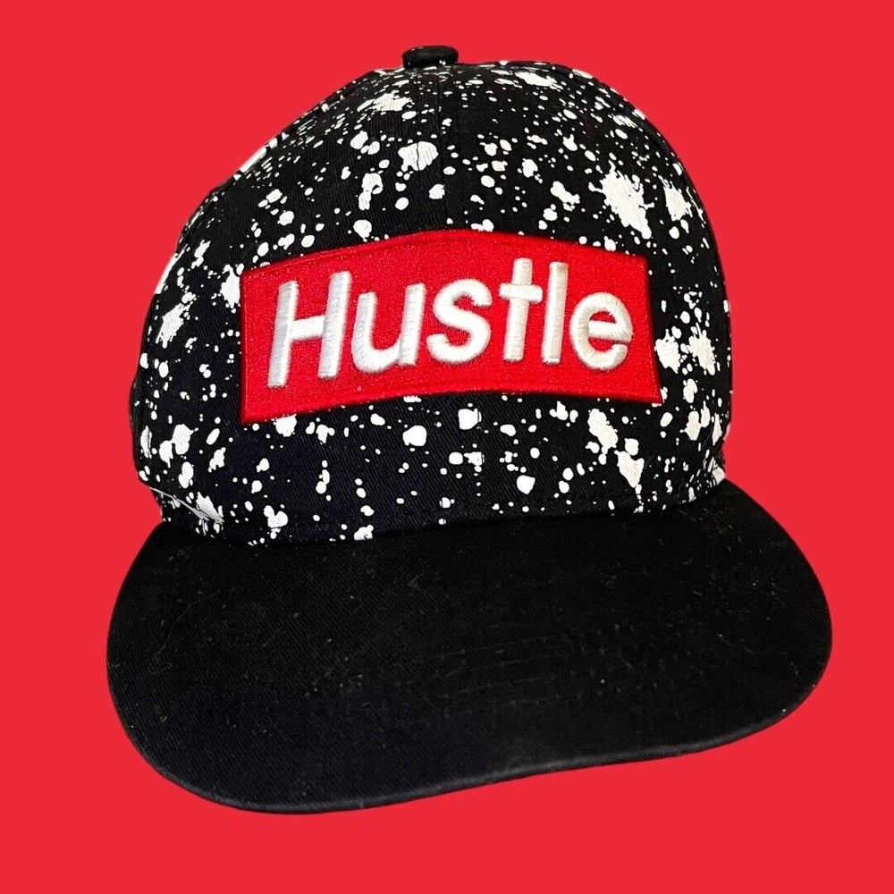 Sole Addiction HUSTLE Snap Back Hat BLACK w/ WHITE Spatter Paint & RED Mens Cap